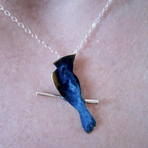 Blue Jay on Sterling Branch necklace
