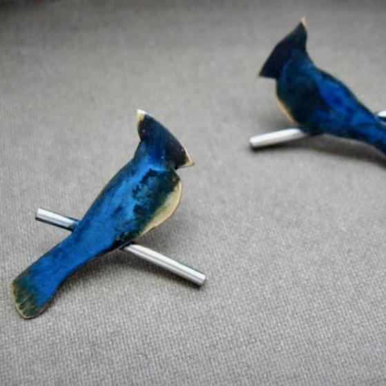 Blue Jay on Sterling Branch post earrings