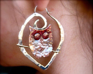 Owl Hoops in copper, bronze and sterling - Nora Catherine