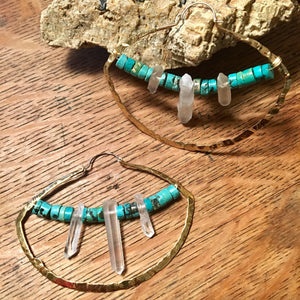 Big and Bold Hoops w/natural turquoise and quartz crystal - Nora Catherine