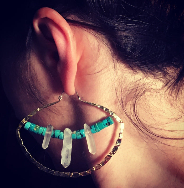 Big and Bold Hoops w/natural turquoise and quartz crystal