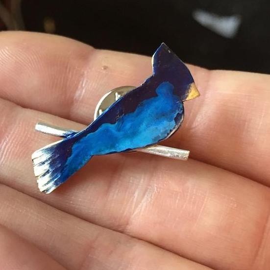 Blue Jay on Sterling Branch lapel pin or tie tack (SM)