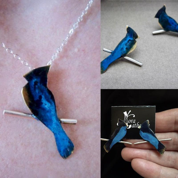 Blue Jay on Sterling Branch necklace and earrings set
