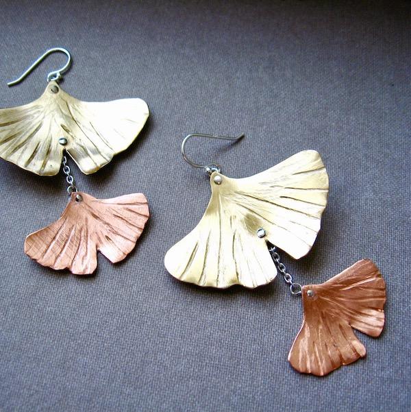 Double Cascading Ginkgo Leaf earrings in copper, bronze or sterling