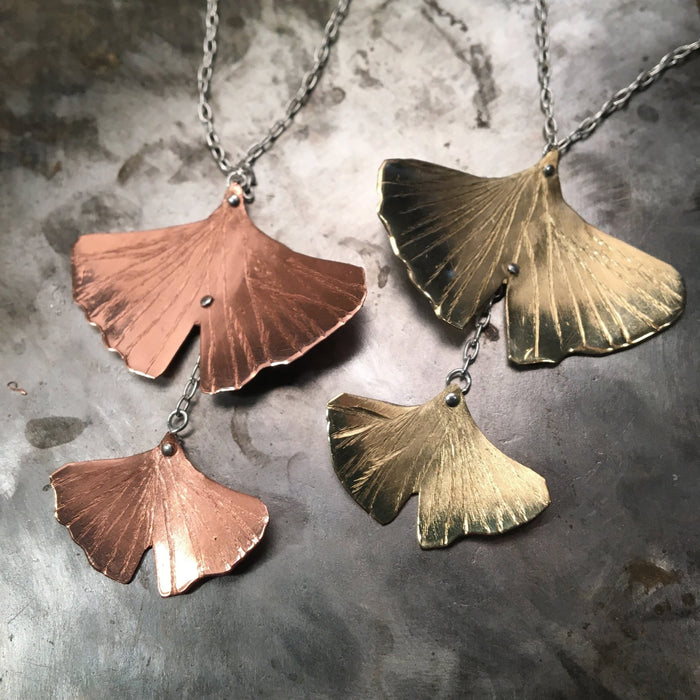 Double Cascading Ginkgo Leaf necklace  in copper, bronze, or sterling
