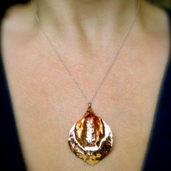 Hammered Calla Lily necklace in copper, bronze or sterling (MD)