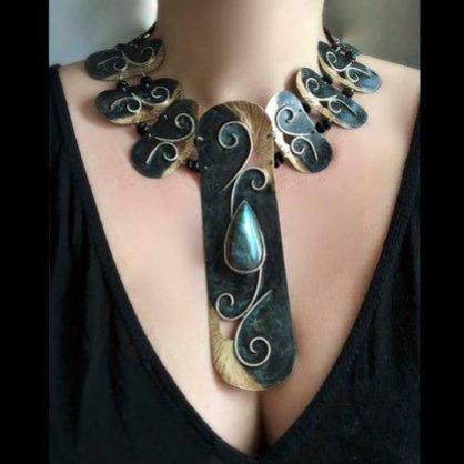 Labradorite Cleopatra Meets Art Nouveau bronze and sterling linked collar