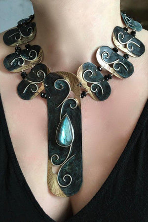 Labradorite Cleopatra Meets Art Nouveau bronze and sterling linked collar - Nora Catherine