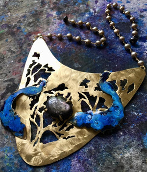 Midnight Masquerade Peacock statement necklace w/freshwater pearls - Nora Catherine