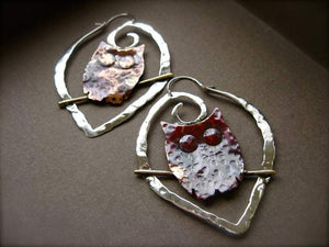 Owl Hoops in copper, bronze and sterling - Nora Catherine