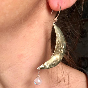 Rugged Crescent Moon dangle earrings w/moonstone - Nora Catherine