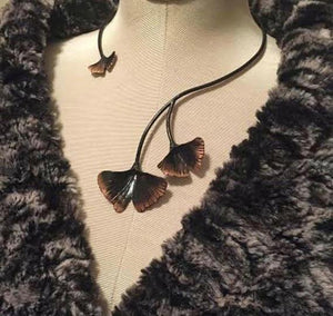 Three Textured Ginkgo Leaves collar in copper or bronze - Nora Catherine