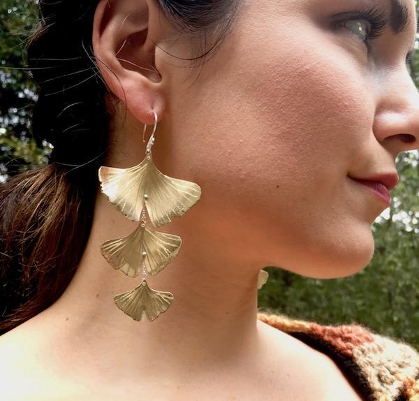 Triple Cascading Ginkgo Leaf earrings in copper, bronze or sterling
