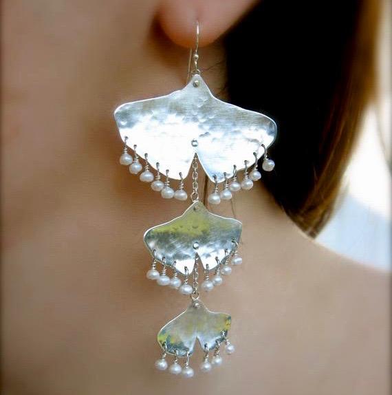 Triple Cascading Ginkgo Leaf earrings w/pearls in copper, bronze or sterling