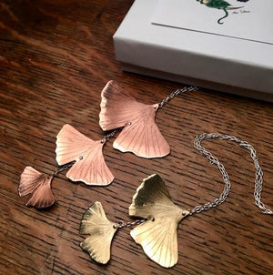 Triple Cascading Ginkgo Leaf necklace in copper, bronze, or sterling - Nora Catherine