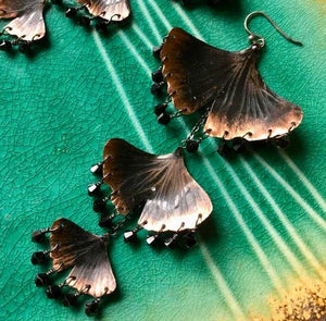 Triple Cascading Ginkgo Leaf patina earrings w/Swarovski in copper, bronze or sterling - Nora Catherine